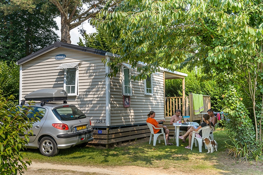 Mobil-home à l'ombre des arbres