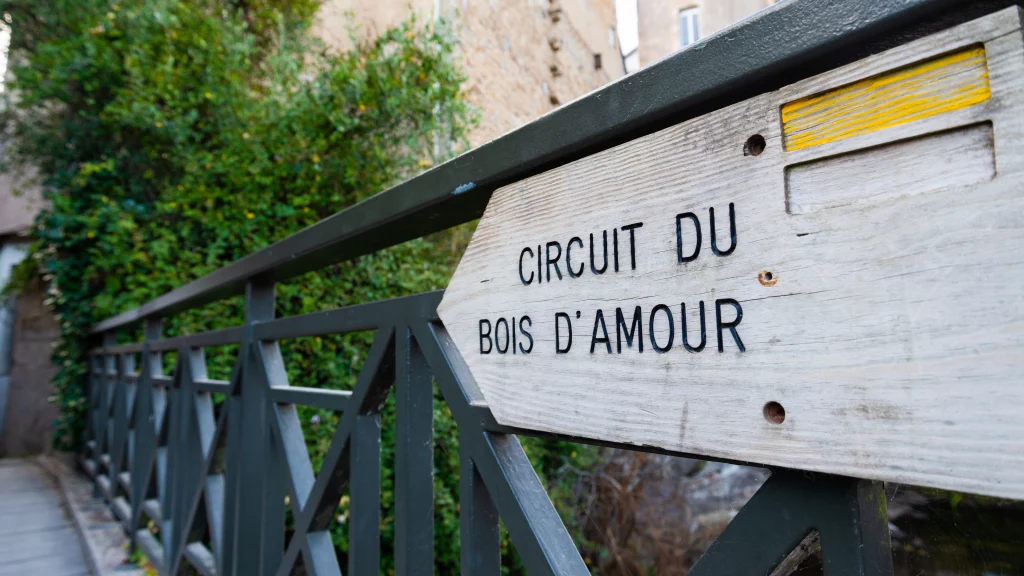 Bord van het circuit Bois d'Amour, brug en groen.