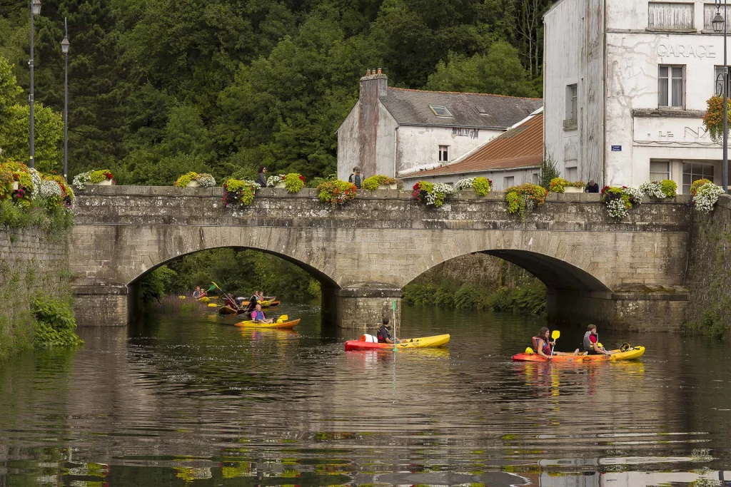 Kayaks sur la rivière sous un pont fleuri.